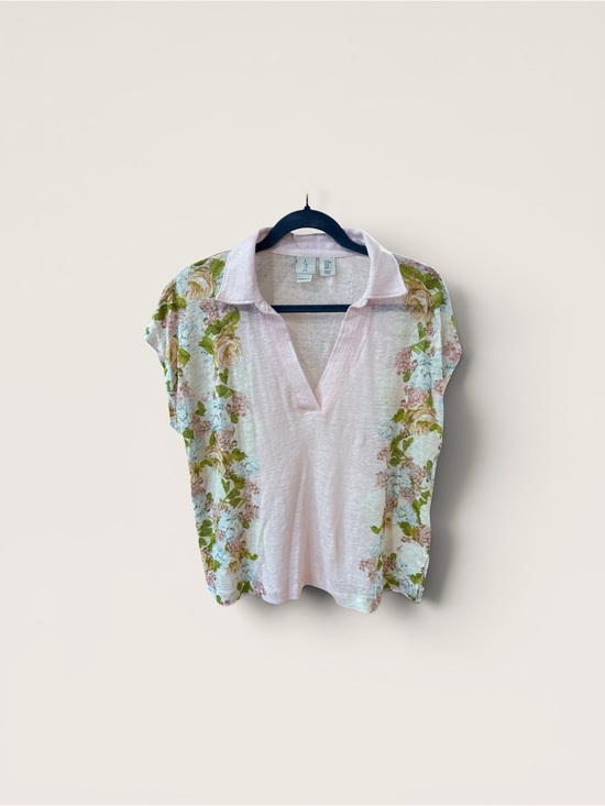 Tops - Linen Light Pink Floral-Trim Polo Top